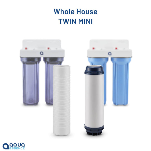 AquaEssence™ Mini Twin-Stage Whole House Water Filtration System - 5 microns Grroved Sediment + High Capacity Activated Carbon, 30K Gallons Capacity (PN AES-WHTW) - Aqua Essence