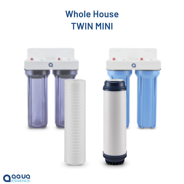 AquaEssence™ Mini Twin-Stage Whole House Water Filtration System - 5 microns Grroved Sediment + High Capacity Activated Carbon, 30K Gallons Capacity (PN AES-WHTW) - Aqua Essence