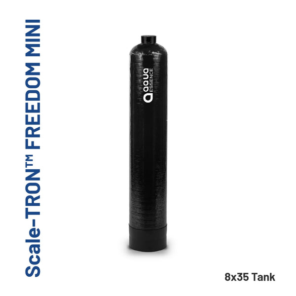 Black cylindrical tank with 'Aqua Essence' branding on a white background