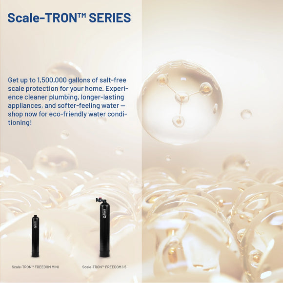 Advertisement for Scale-TRON series water conditioning product with text and images of the product.