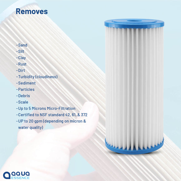 AquaEssence™ High Flow Pleated Sediment Filter, 4.5 x 10 in, 5 Microns Filtration (PN: AES-PF-451005, Replacement for GE FXHSC, Culligan R50-BBSA, Pentek R30-BB, S1-BB) - Aqua Essence