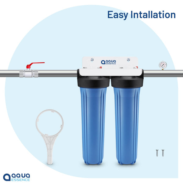Whole House TWIN Filtration System - 30 microns Pleated Sediment + High Capacity Carbon Block, 100K Gallons Capacity (PN AES-WH4520-TWIN) - Aqua Essence