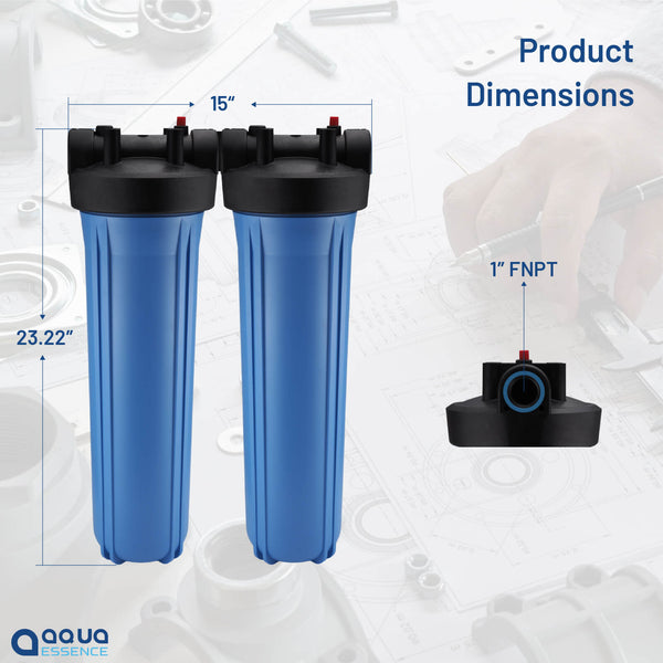 Whole House TWIN Filtration System - 30 microns Pleated Sediment + High Capacity Carbon Block, 100K Gallons Capacity (PN AES-WH4520-TWIN) - Aqua Essence