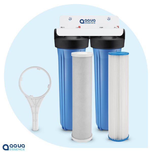 Whole House TWIN Filtration System - 30 microns Pleated Sediment + High Capacity Carbon Block, 100K Gallons Capacity (PN AES-WH4520-TWIN) - Aqua Essence